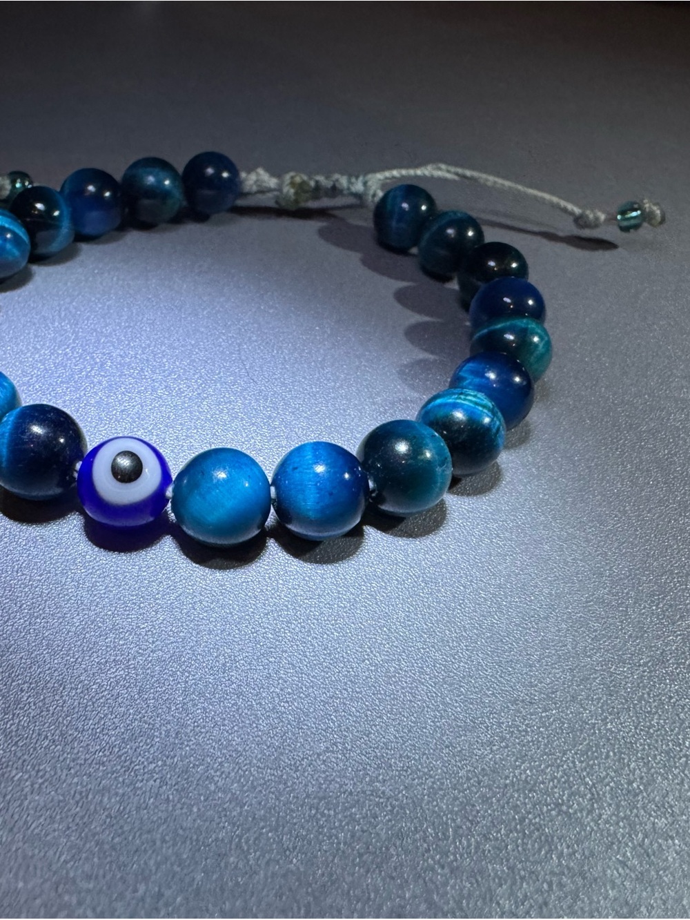 Aquamarine Tigers Eye Blue Beaded Handmade Ad Bracelet with Evil Eye Accent